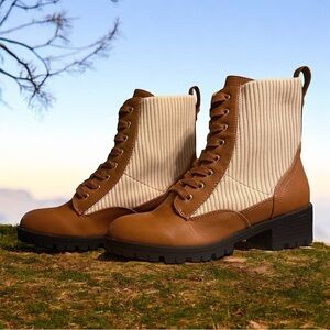 Brown and Cream Lace Up Boots